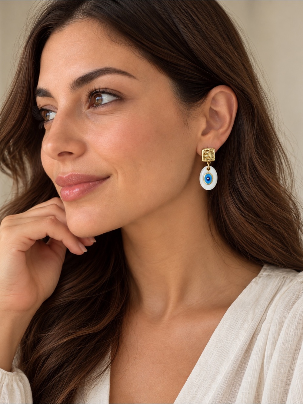 Beymen Gold Tone Evil Eye Drop Earrings White & Blue